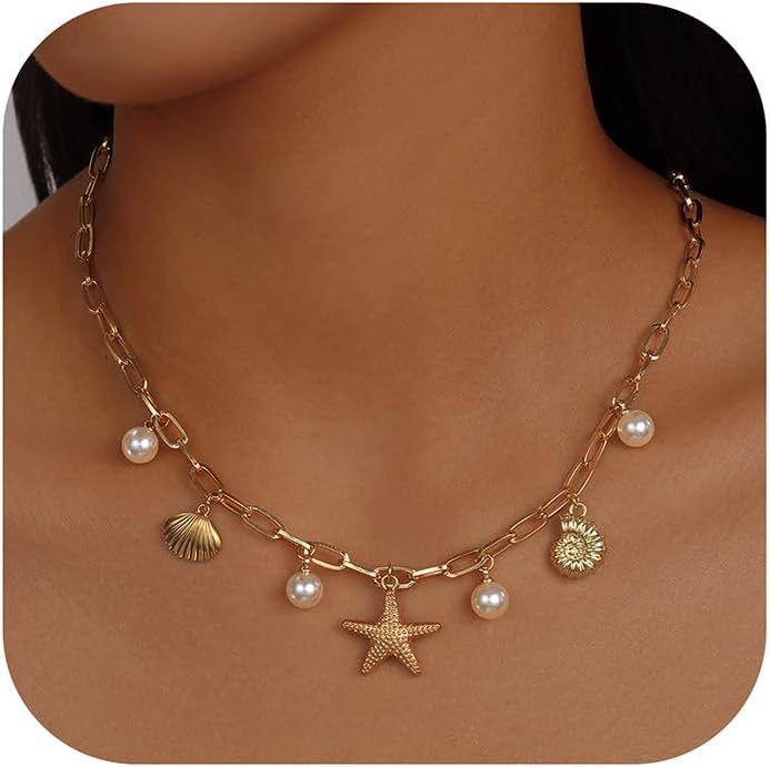 Evabelle Gold Layered Necklace for Women Trendy Jewelry 14K Real Gold Plated Chunky Chain Stackable Necklaces Dainty Choker Necklaces Rectangle Square Pendant