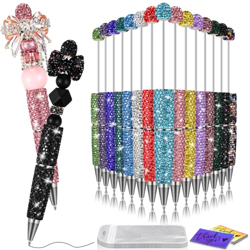 Tondiamo 45 Pcs Full Rhinestone Beadable Pens Bulk Set 15 Glitter Diamond Pens with Cards & Bags Fancy Beaded Pen for Beads DIY Cute Journalling Bling Ballpoint Craft Making(Full Diamond) - style: Full Diamond