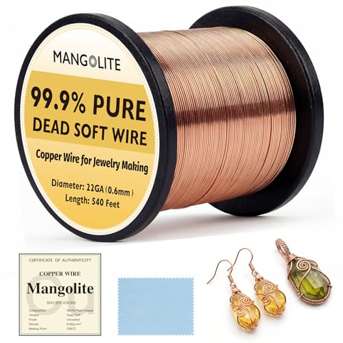 22 Gauge/0.6mm Copper Wire for Gardening & Jewelry – 540 Feet 1 Pound Spool with Polishing Cloth & COA – 99.9% Pure Dead Soft Bare & Skin Safe Uncoated Craft Wire for Multi-Purpose Craft - size: 22 Gauge, style: 1 Pound