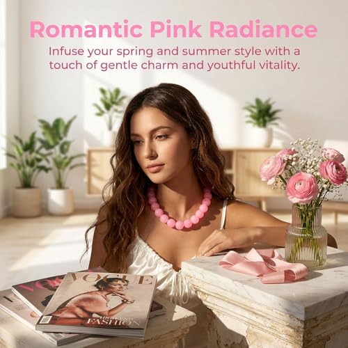 Colorful Chunky Beaded Necklace for Women Acrylic Bead Choker Necklaces Fashion Large Round Beads Necklaces for Women Handmade Summer Jewelry - color: Pink Beaded Necklace