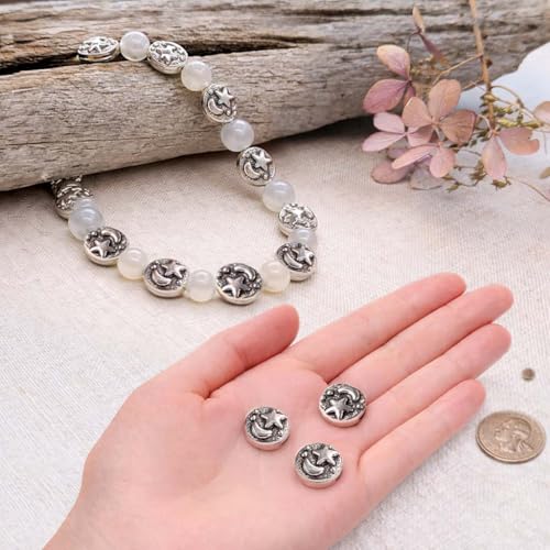 Tibetan Silver Spacer Beads 9mm Flat Round – 69pcs Metal Spacer Beads for Jewelry Making, Bracelets, Necklaces & Earrings DIY Supplies, Antique Silver Zinc Alloy - color: Silver Star and Moon