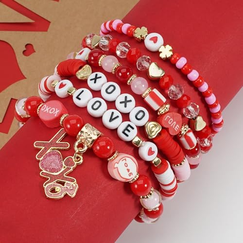 6PCS Valentine’s Day Clay Heishi Bracelet Set for Women- Red Pink Heart Love KISS XOXO Beaded Stretch Bracelets - Handmade Polymer Clay Crystal Glass Stackable Jewelry Gift for Galentine's Anniversary - color: LOVE-07