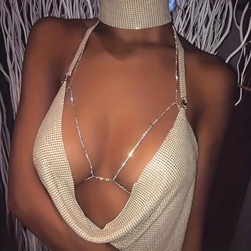 14K Gold Plated Body Chains for Women, Sexy Layered Belly Waist Chain Crossover Bikini Bra Chain, Summer Beach Rhinestone Body Jewelry - style: Silver Rhinestones2