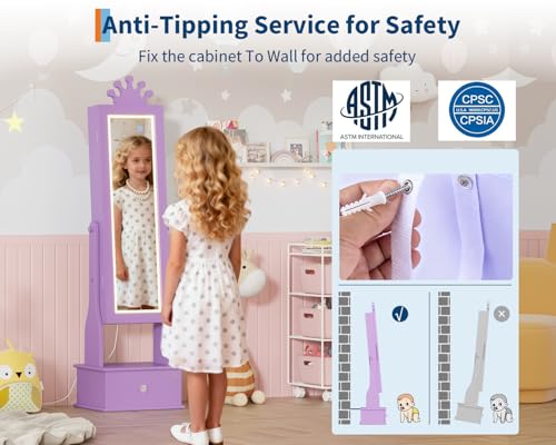 Kids Jewelry Armoire Cabinet with Full-Length Mirror, 46" Jewelry Armoire with Led Light, Kids Jewelry Organizer with 3 Storage Drawers, Kids Vanity Dress Up Mirror Jewelry Cabinet for Girls(Purple) - size: purple