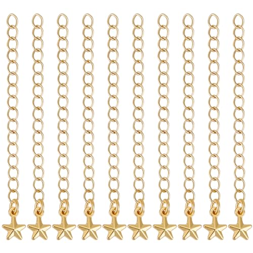 Beebeecraft 1 Box 20Pcs Golden Necklace Extender Real 18K Gold Plated Brass Metal 3D Star Shaped Charm Ends Tail Extension Curb Chain for Jewelry Making Necklaces Bracelets DIY Crafts Supplies - color: Gold-star
