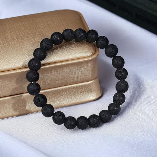 MAIBAOTA Healing Crystal Bracelet for Women Men, 8/4 mm Natural Stone Beaded Bracelets, Jewelry Birthday Gifts, Round Gemstones Stretch Bracelets - color: Black-Lava Rock, size: 8 mm