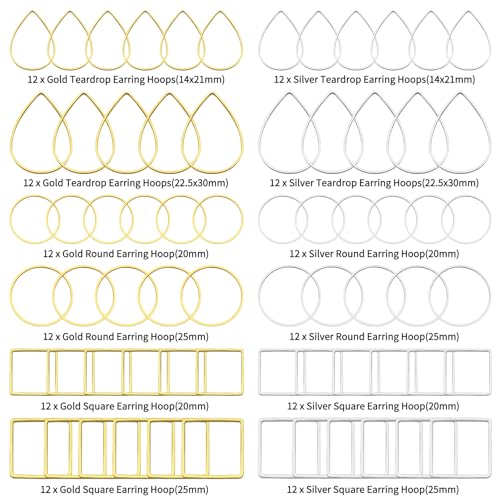 144pcs Earring Hoops for Jewelry Making, 3 Shapes Earrings Findings Hoops Beading Hoop Earrings Hypoallergenic Square Teardrop Round Earring Findings for DIY Craft Accessories Supplies(Gold&Silver) - color: 144PCS;Teardrop,Square,Round;Gold,Silver