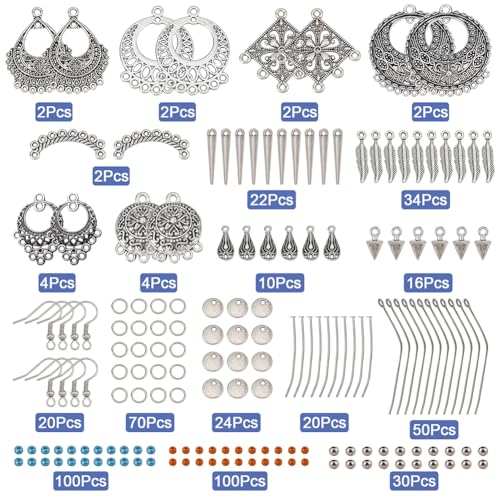 SUNNYCLUE 1 Box DIY 10 Pairs Chandelier Charms Earring Making Kit Boho Charms for Jewelry Making Feather Cone Pendants Flat Round Head Pins Eye Pins Jump Rings Antique Silver Adult Women - color: Chandelier Bohemian Style D