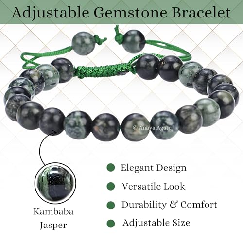 ANAYA AGATE Energy Protection Crystal Handmade Adjustable Bead Bracelet Perfect for Men, Women’s Christmas Gift - Gemstone Healing Stretch Bracelet Pulsera Para Hombre Mujer Stocking Stuffer - color: Kambaba Jasper