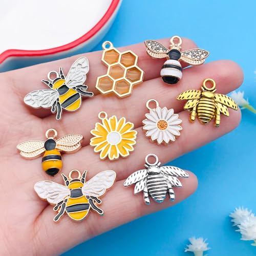 Youdiyla 50pcs Alloy Antique Silver Enamel Bee Daisy Set Pendant Jewelry Making DIY Keychain Earrings Pendant Various Design Charms for Jewelry Making Bracelets Necklace (SN1009) - color: SN1009