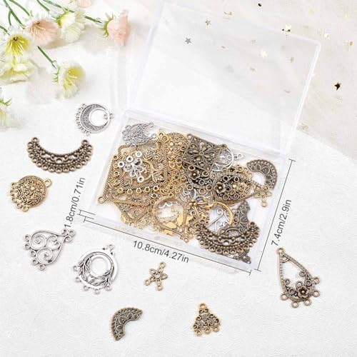 SUNNYCLUE 1 Box 60Pcs 15 Style Tibetan Chandelier Charms Alloy Chandelier Components Links Filigree Flower Linking Charms Teardrop Connector Round Charm for Jewelry Making Charms DIY Supplies Adult - color: 60pcs 15 Style Mixed Color