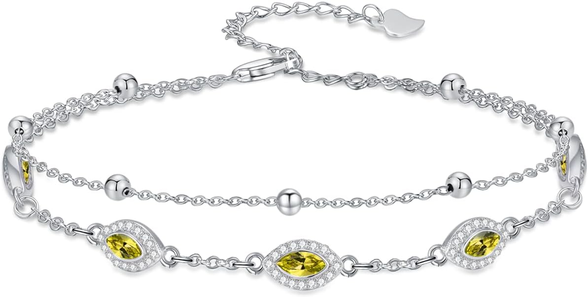Evil Eye Birthstone Charm Link Bracelet 925 Sterling Silver Evil Eye Bracelet with 12 Months Birthstone Birthday Jewelry Gifts for Women Mom Her,Chain Length 7"+2" Extend