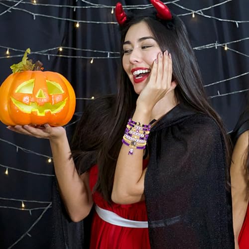 FAERLIIRY Halloween Bracelets for Women Preppy Heishi Bracelets HOCUS POCUS SPOOKY Letter Stack Vinyl Disc Beads Surfer Stretch Bracelet Halloween Cosplay Jewelry Gifts - style: SPOOKY BOO