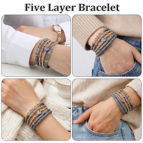 5Pcs Beaded Bracelets for Women, Bohemian Glass Faceted Crystal Beads Bracelet, Stackable Boho Disco Ball Stretch Bracelets, Multilayered Purple Jewelry Gift for Women, Mother's Day - color: Gray