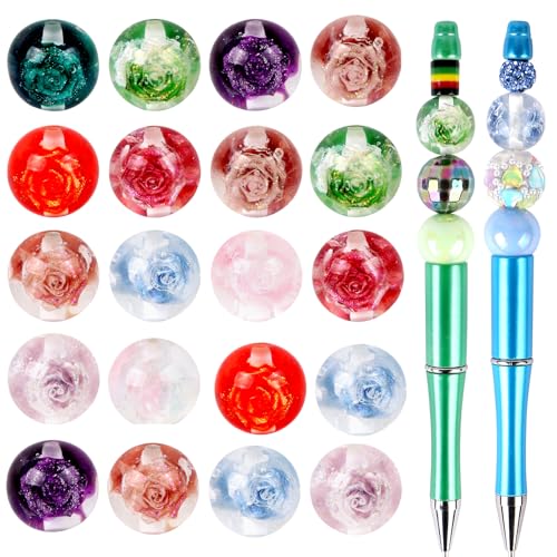 20Pcs 16mm Luminous Rose Focal Round Beads for Pens Flowers Fancy Space Beads for DIY Craft Beadable Pens Keychain Bracelet Necklace Earrings Jewelry Making - color: Rose
