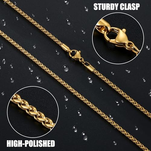 Fiusem Black Wheat Chains for Men and Women, 2/2.5/3/4/5mm Stainless Steel Necklace Chain, Mens Necklace Jewelry Gift 16-28 Inch - size: 16 Inches, style: Gold 2.1MM