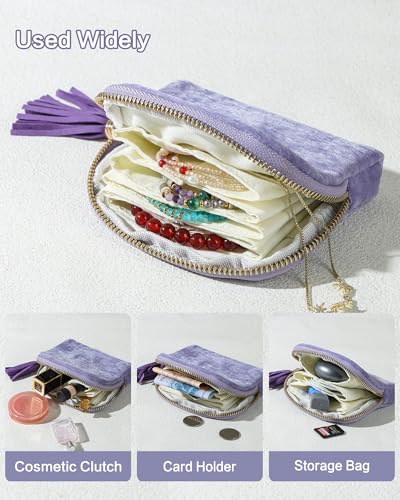 Travel Jewelry Case, Small Velvet Jewelry Bag with Zipper, 5-Layer Anti-Scratch Pouch for Bracelets Necklaces Earrings, Tangle-Free Jewelry Storage, Gift for Her Chenille Velvet Pink - color: Pink