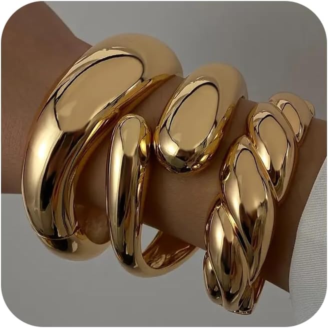 SAMOCO 3Pcs Chunky Gold Bangle Bracelets for Women Trendy Wide Wrist Cuff Bracelets Stack Statement Bangle Fashion Gifts