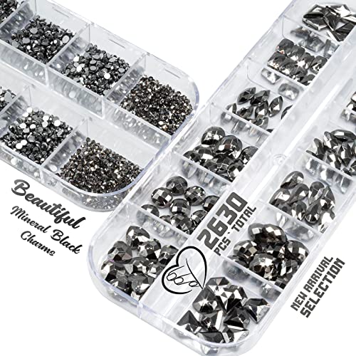 2630Pcs Mine Black Nail Rhinestones 120 Multi Shapes Metallic Black Big Gems Nail Charms +2510 Flatback Rhinestones Round Beads K9 Glass Stones Nail Art Diamonds jewels for Nails Eyes Makeup Crafts - color: Metallic Black, size: A Set