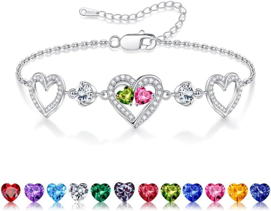 Iefil Valentines Day Gifts for Her - 925 Sterling Silver Heart Birthstone Bracelet Birthday Anniversary Jewelry Gifts for Her Wife