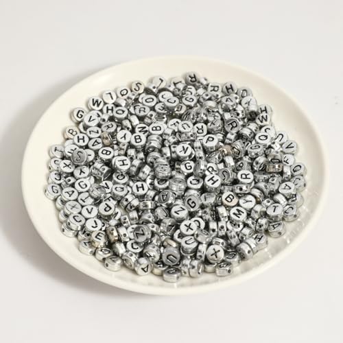 1200pcs 4×7mm Alphabet Beads Silver Round Acrylic Black Letter Beads, for Bracelets and Jewelry Making - color: style 12, size: 4×7mm(Round)