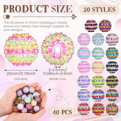 40 Pcs 20 mm Rhinestone Beads Bulk Crystal Round Disco Ball Chunky Bubblegum Beads for Pens Bracelets Charms Craft European Style Jewelry Making Supplies Christmas(20 Colors) - color: 20 Colors
