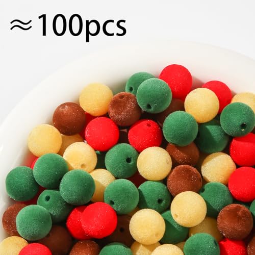 16mm Acrylic Beads 100pcs Christmas Pom Pom Bead Loose Fuzzy Faux Fur Poms Beads for DIY Crafting Necklace Bracelet Jewelry Making Keychain (mrsd) - color: red&yellow&green