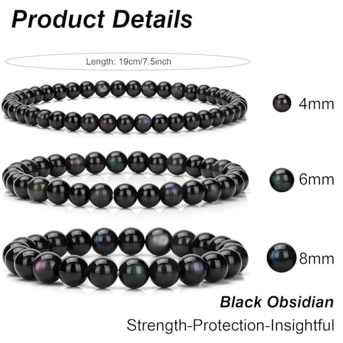 3Pcs Natural Healing Crystal Bracelets for Women Men, 4mm 6mm 8mm Beaded Stretch Bracelet Set, Black Tourmaline Natural Stone Gemstone Jewelry Gifts for Meditation, Reiki & Yoga - color: Black Obsidian