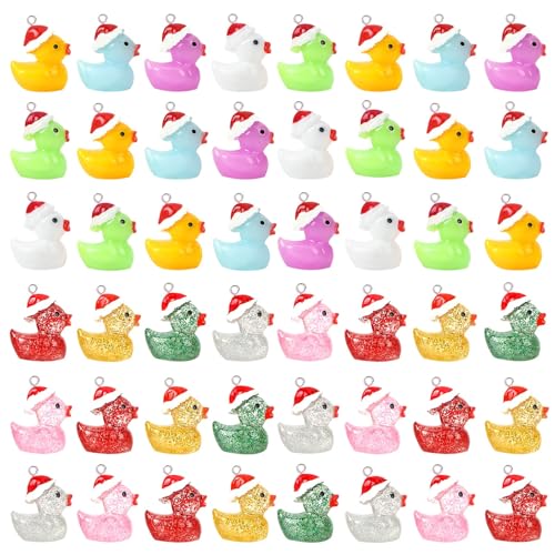 Augshy 64 Pcs Mini Christmas Ducks Charms, Luminous Glitter Resin Ducks Pendant Tiny Ducks Glow Mini Duck Ornaments for DIY Bracelet Necklace Jewelry Making Party Supplies - style: Christmas Ducks Style
