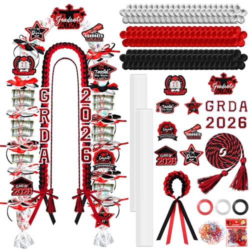 Graduation Candy Lei Making Kit Class of 2026 DIY Lei PE Bags Tubing Money Leis 2026 Graduation Ribbon Necklace Include 2 x 5 ft PE Bags 90 Pcs Flower Accessories for Grad Party Supplies (Black, Red) - color: Black, Red