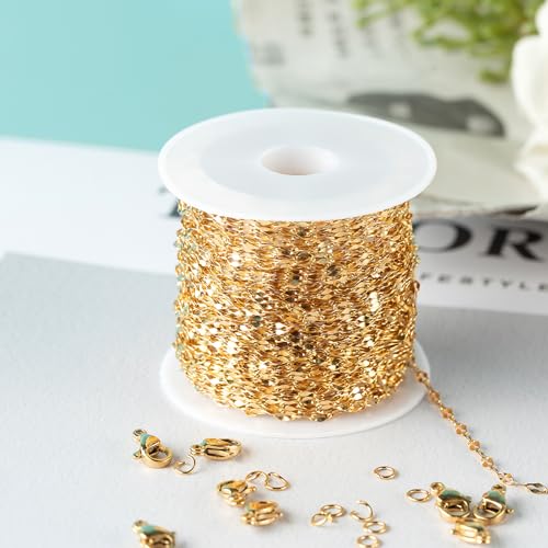 Kyutong 32.8 Feet Thin Stainless Steel Lip Chain Roll Gold Chain for Jewelry Making for Necklace Choker Bracelet DIY Jewelry Craft Supplies - color: Gold Lip