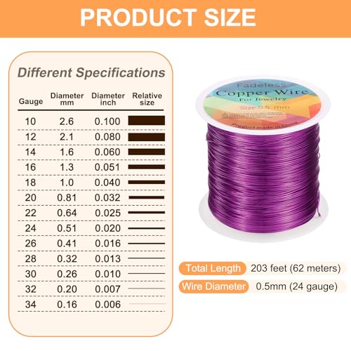 HARFINGTON Wire 203ft Length 24 Gauge Copper Craft Jewelry Wrapping Wire Tarnish Resistant Beading for Jewelry Making Supplies Crafting, Red-Purple - color: Red-Purple