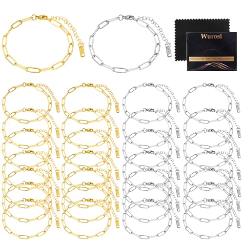 Wurosi 30PCS 18K Gold Plated Charm Bracelet Chains 6.3Inch Stainless Steel Bracelets Chain Bulk Link Bracelet with Lobster Clasps for Women DIY Bracelets Crafts Supplies(Gold+Silver) - color: Bracelets 30 PCS Gold+Silver
