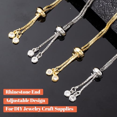 Joez Wonderful 4pcs Adjustable Slider Bracelet for Jewelry Making, Plated Charm Bracelet Extender Chains with Rhinestones Ends for Women DIY Bracelet Jewelry Craft Supplies (2pcs Gold+2pcs Silver) - color: Gold, Silver