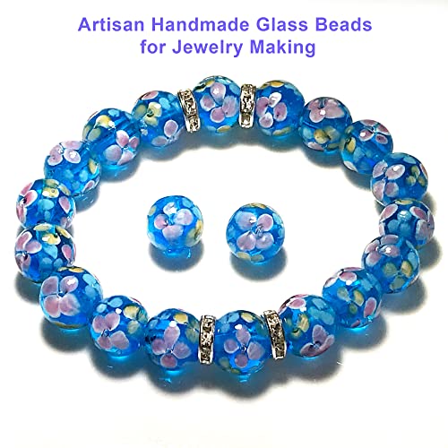 Artsy Crafts 20 Pcs 12mm Lampwork Flower Glass Beads, European Murano Glass Beads, Handmade Loose Crystal Beads for Jewelry Making Charm Bracelet Necklace Earrings Rosary (Sky Blue) - color: Sky Blue