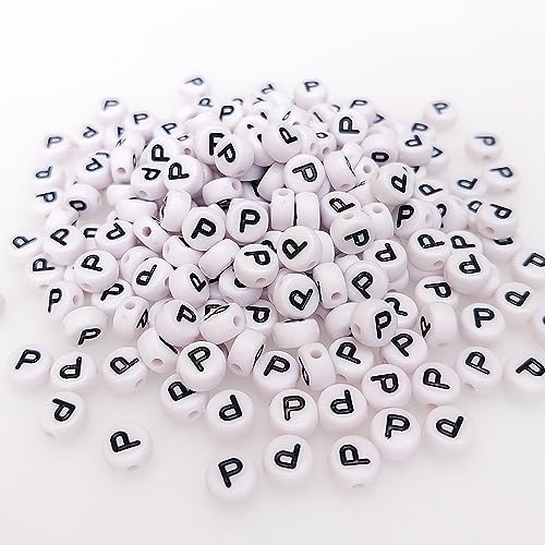 200+ Pieces 4x7mm Single P Letter Beads for Jewelry Making, White Round Acrylic Bulk Alphabet (Black on White) - size: Single letter P 200+ Pcs