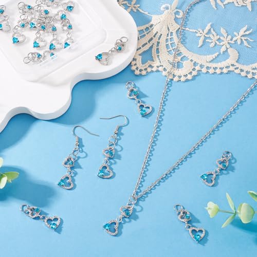 FASHEWELRY 15Pcs Alloy Crystal Rhinestone Heart Charms, Blue Love Heart Glass Dangle Charms Platinum Hollow Pendants for DIY Valentine's Day Necklace Earring Jewelry Making Craft - color: Heart-Blue