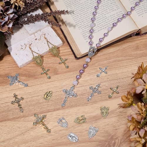 SUNNYCLUE 1 Box 48Pcs 12 Styles Rosary Cross and Centerpiece Rosary Crucifix Charms Tibetan Gold Silver Bronze Cross Amulet Chandelier Links Pendants for Jewelry Making DIY Necklace Bracelets Crafts - style: Rosary Charm 3
