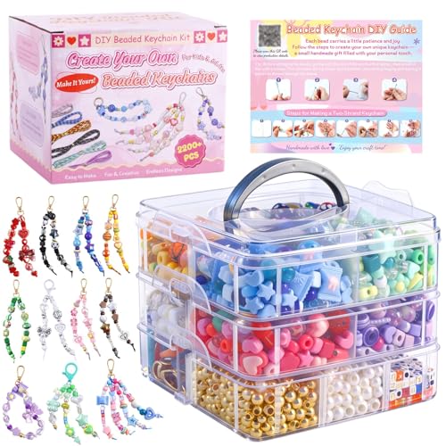 TOHONGADON 2200+ PCS Bag Charm Kits, Assorted 8 Colors Beaded Keychain Making Kit for Women, Bead Keychain Kit, Keychain Jewelry Making Kits with Beads, Crafts Gift for Party Christmas Festival - color: 2200 Pcs Bead
