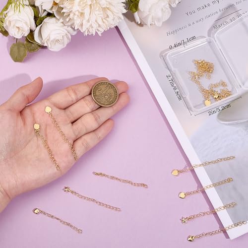 Beebeecraft 1 Box 20Pcs 4Styles Golden Necklace Extenders 18K Gold Plated Star Heart Chain Extenders for Jewelry Making Charm Ends Tail Extension Curb Chain Necklaces Bracelets DIY Crafts Supplies - color: Gold-mix