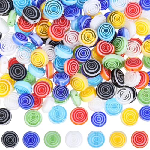 1 Box 180PCS 8MM Lampwork Glass Beads with Hole Handmade Flat Round Spiral Millefiori Mosaic Stripe Colorful Loose Spacer Bead Bulk for Jewelry Making Earrings Bracelets Necklace DIY Craft