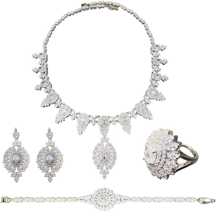 Rhinestone Wedding Bridal Jewelry Set Women's Prom-Style Necklace, Earrings, Bracelet, Ring Bridesmaid Gift Pairs with Evening Gown