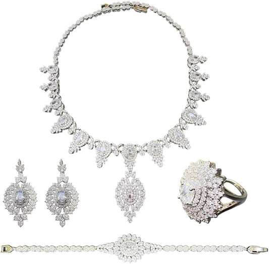 Rhinestone Wedding Bridal Jewelry Set Women's Prom-Style Necklace, Earrings, Bracelet, Ring Bridesmaid Gift Pairs with Evening Gown