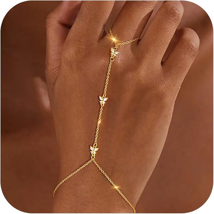 Gold Hand Chain for Women - Adjustable 14K Gold Plated Dainty Ring Bracelet Hand Chain Trendy Finger Ring Bracelet Hand Chains Stack Summer Jewelry for Women