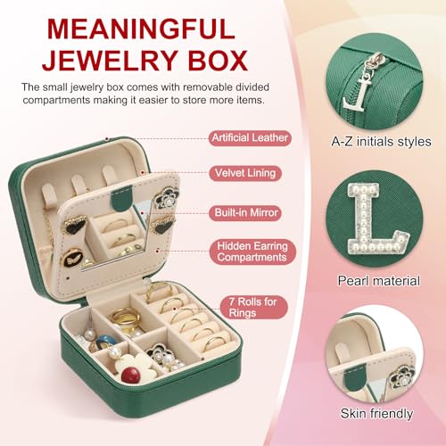 PATIKIL Travel Jewelry Case, L Initial Small Travel Jewelry Box Organizer Rings Earrings Storage Case Personalized Gifts for Women Girls Birthday Christmas Bridesmaid Gifts, Dark Green - style: L