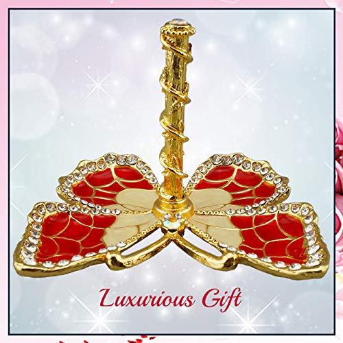 Matashi Red Enamel and Gold Plated Butterfly Jewelry Stand Organizer Ring Holder with Crystals – Gift for Mom on Christmas, Mother’s Day, Birthday, Anniversary, & Valentine’s Day - color: Red