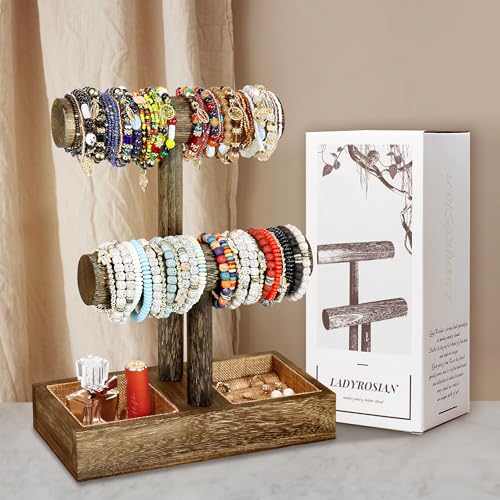 LadyRosian 2 Tier Wooden Display Jewelry Accessory Stand Jewelry Bracelet Holder Bangle Watch Necklace Storage Jewelry Box Organizer, (Brown-2 layers) - color: Brown 2-Tier