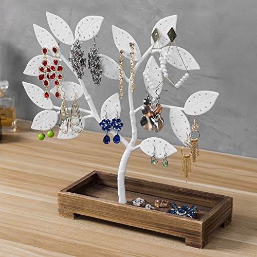 MyGift Earring Storage Rack Organizer, White Metal Jewelry Tree, Necklace and Bracelet Hanger with Wooden Ring Tray Trinket Holder - Holds 68 Pairs of Earrings - color: White