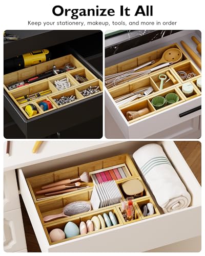 12-Piece Bamboo Desk Drawer Organizer Set – Adjustable Storage Boxes with 24 Compartments, Non-Slip, Modular Design for Office, Jewelry, Vanity, and Kitchen Utensil Drawer Storage - size: 24 Compartments