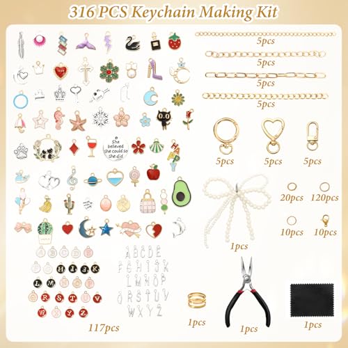 ASTNIC 316PCS Keyring Making Kit & Bag Charm Kit with Charms, Key Ring Hoop, Pliers, DIY Jewellery Making Supplies for Bracelet, Necklace and Jewelry Making, Gifts for Girls, Women, Adults - color: Gold-316PCS